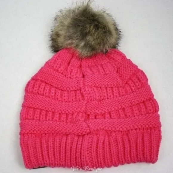 C.C. Ribbed Knit Beanie Hat Candy Pink with Taupe Pom Women's One Size - Picture 3 of 3